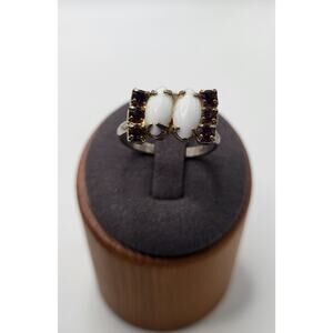 Vintage Adjustable Ring White Glass Purple Stone Silver Tone Size 8.5